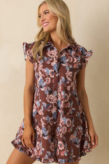 No Mistaking It Brown Multi Floral Print Cotton Denim Mini Dress