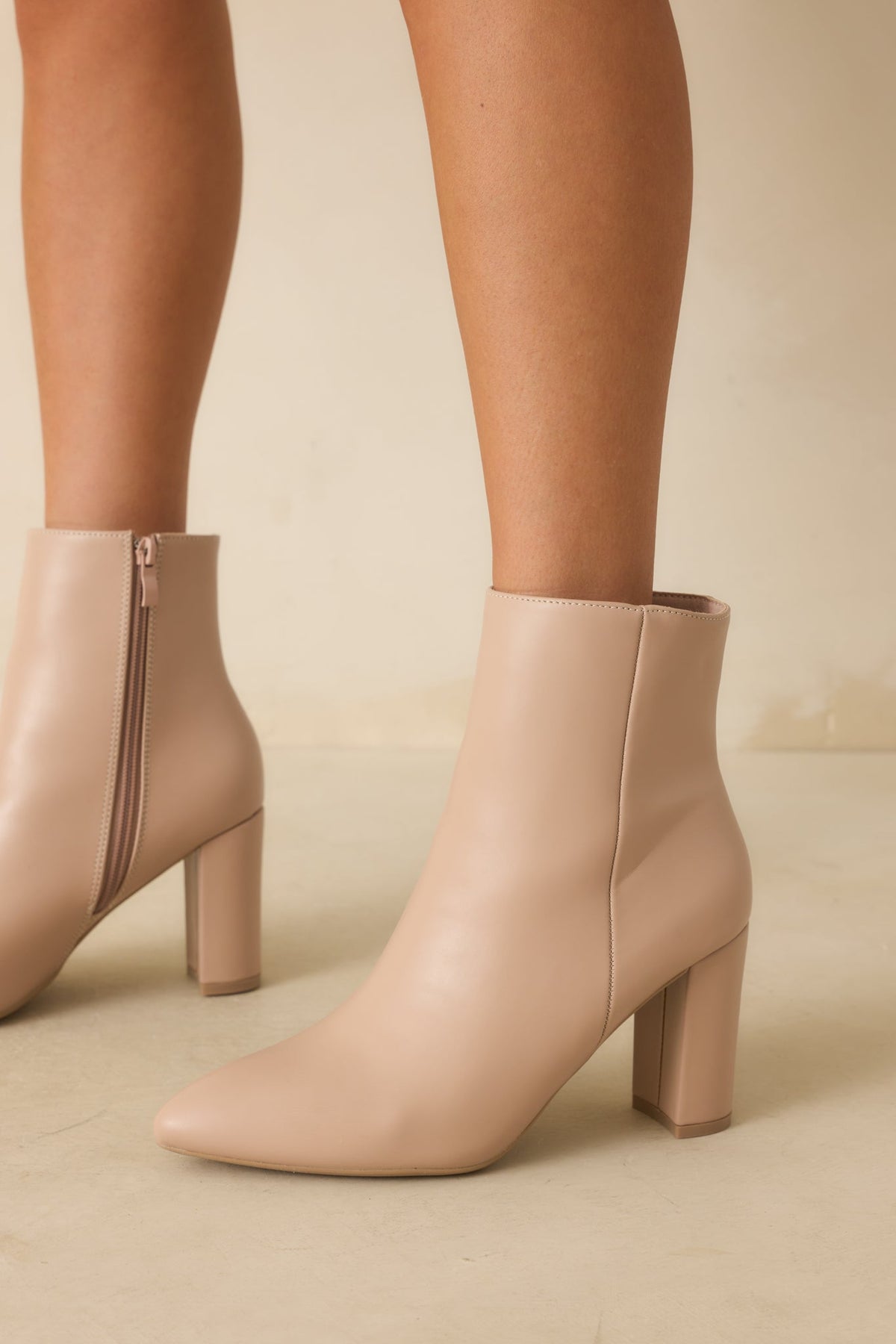 From Here On Beige Faux Leather Block Heel Ankle Boots (BACKORDER FALL 2027)