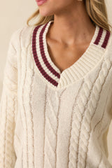 Count On Me Ivory Contrast Trim V-Neck Cable Knit Sweater