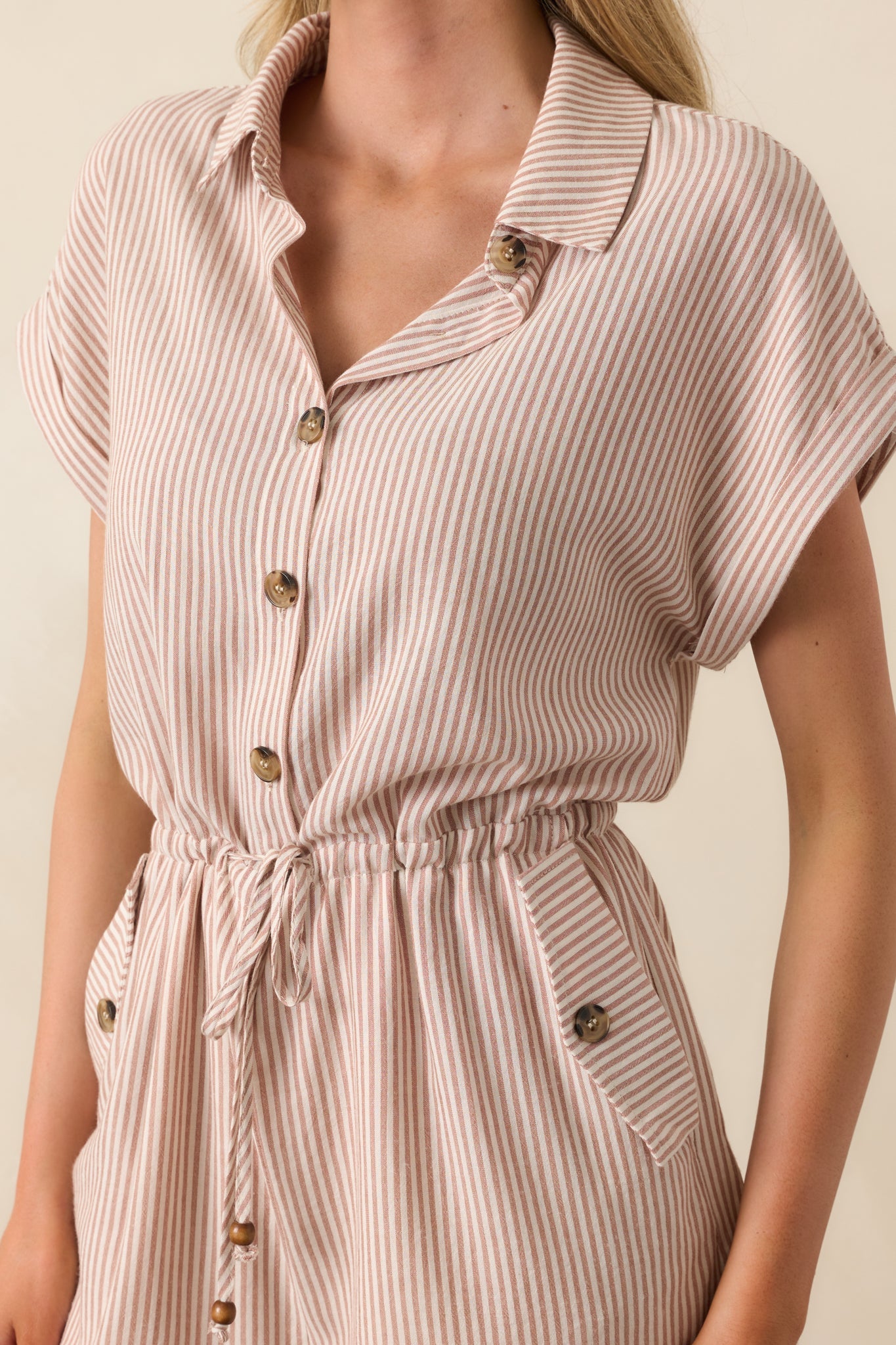 Big Moment Tan Stripe Cotton Collared Romper