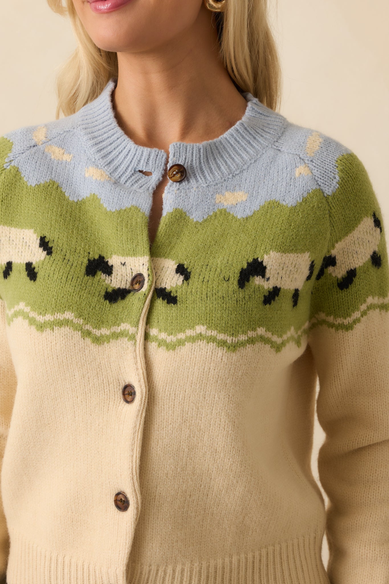 As Time Unwinds Ecru Beige Multi Sheep Print Button Up Cardigan