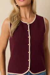 That's For Sure Burgundy Contrast Trim Button Up Sweater Vest