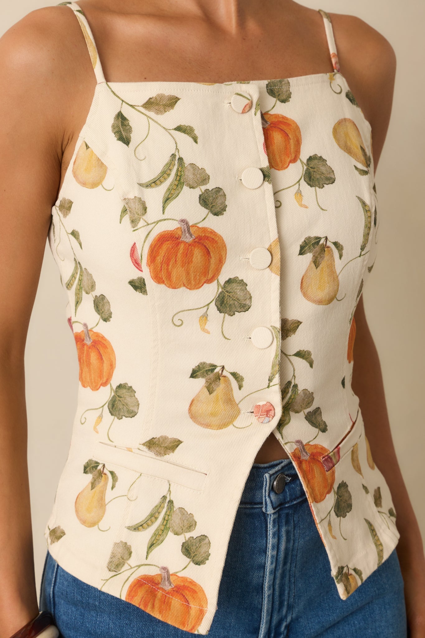 Living Life Slowly Ivory Multi Vegetable Print Cotton Button Up Top