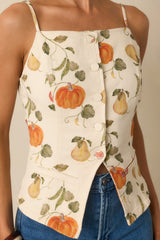 Living Life Slowly Ivory Multi Vegetable Print Cotton Button Up Top