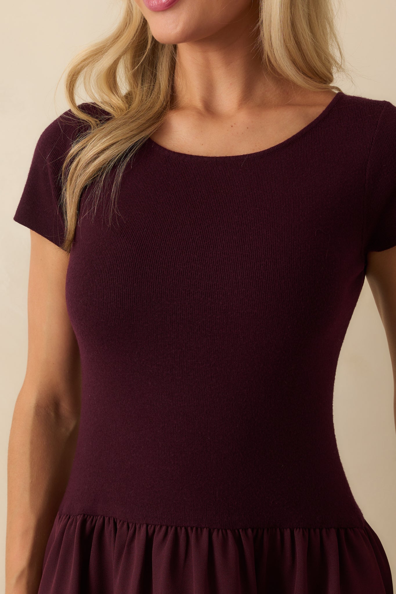 All Is Well Wine Red Ribbed Knit Bodice Short Sleeve Maxi Dress