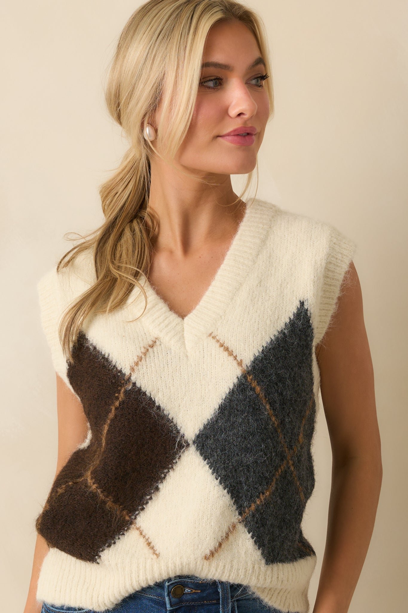 At The Right Time Ivory Argyle V-Neck Sweater Vest