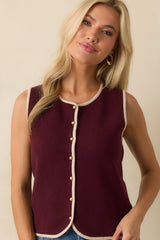 That's For Sure Burgundy Contrast Trim Button Up Sweater Vest