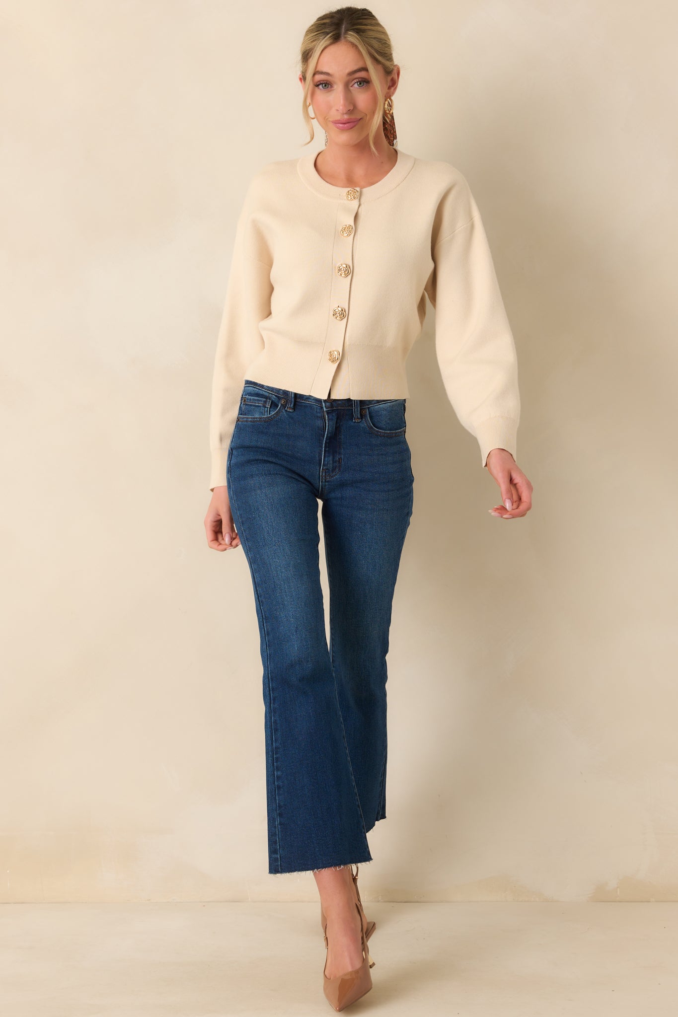Kind Of Comforting Ecru Beige Button Front Long Sleeve Cardigan