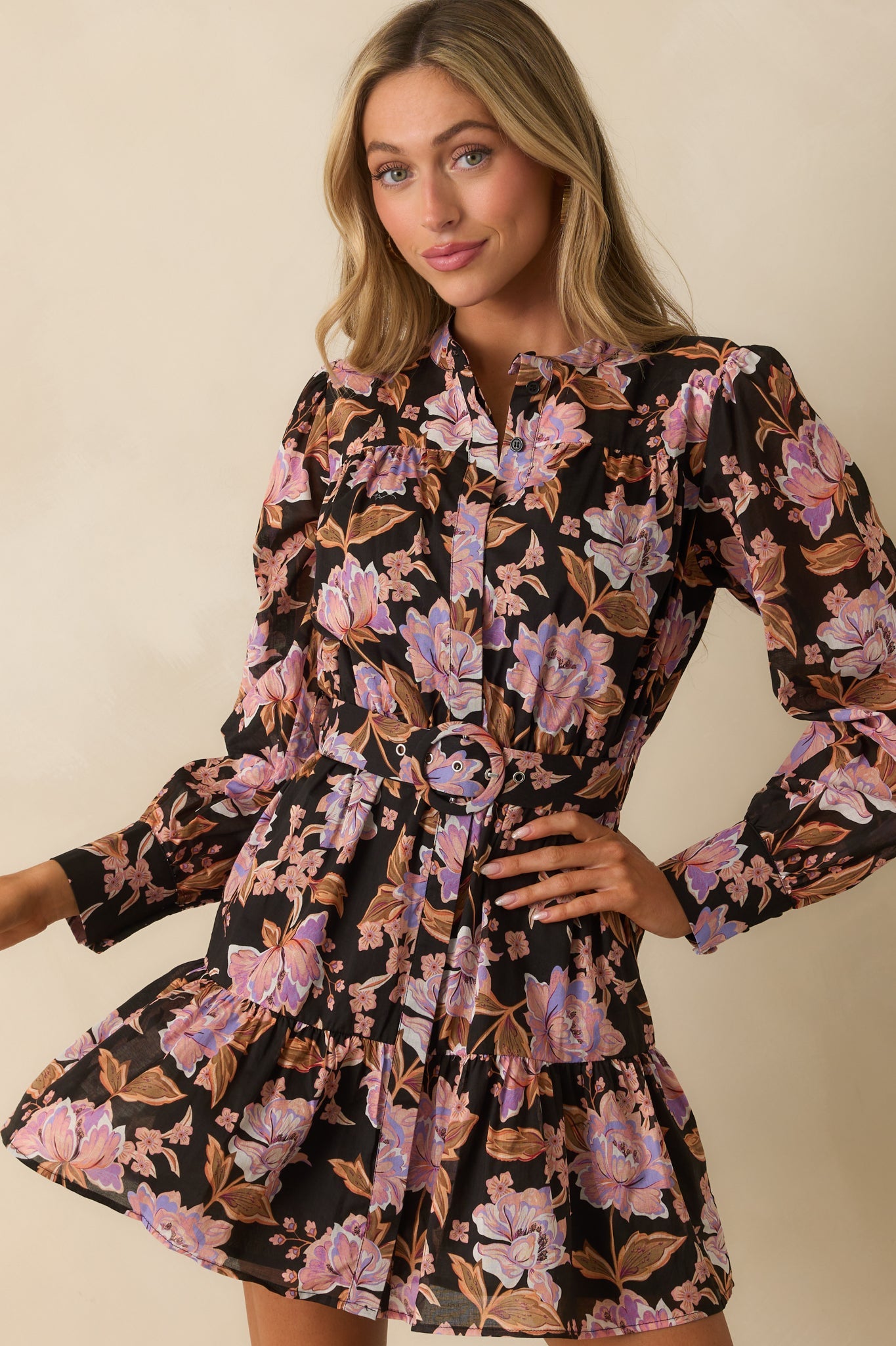 MINKPINK Black Multi Floral Print Cotton Willow Belted Mini Dress