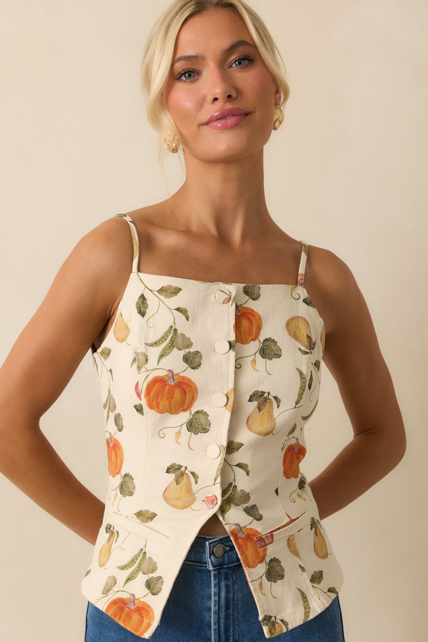 Living Life Slowly Ivory Multi Vegetable Print Cotton Button Up Top