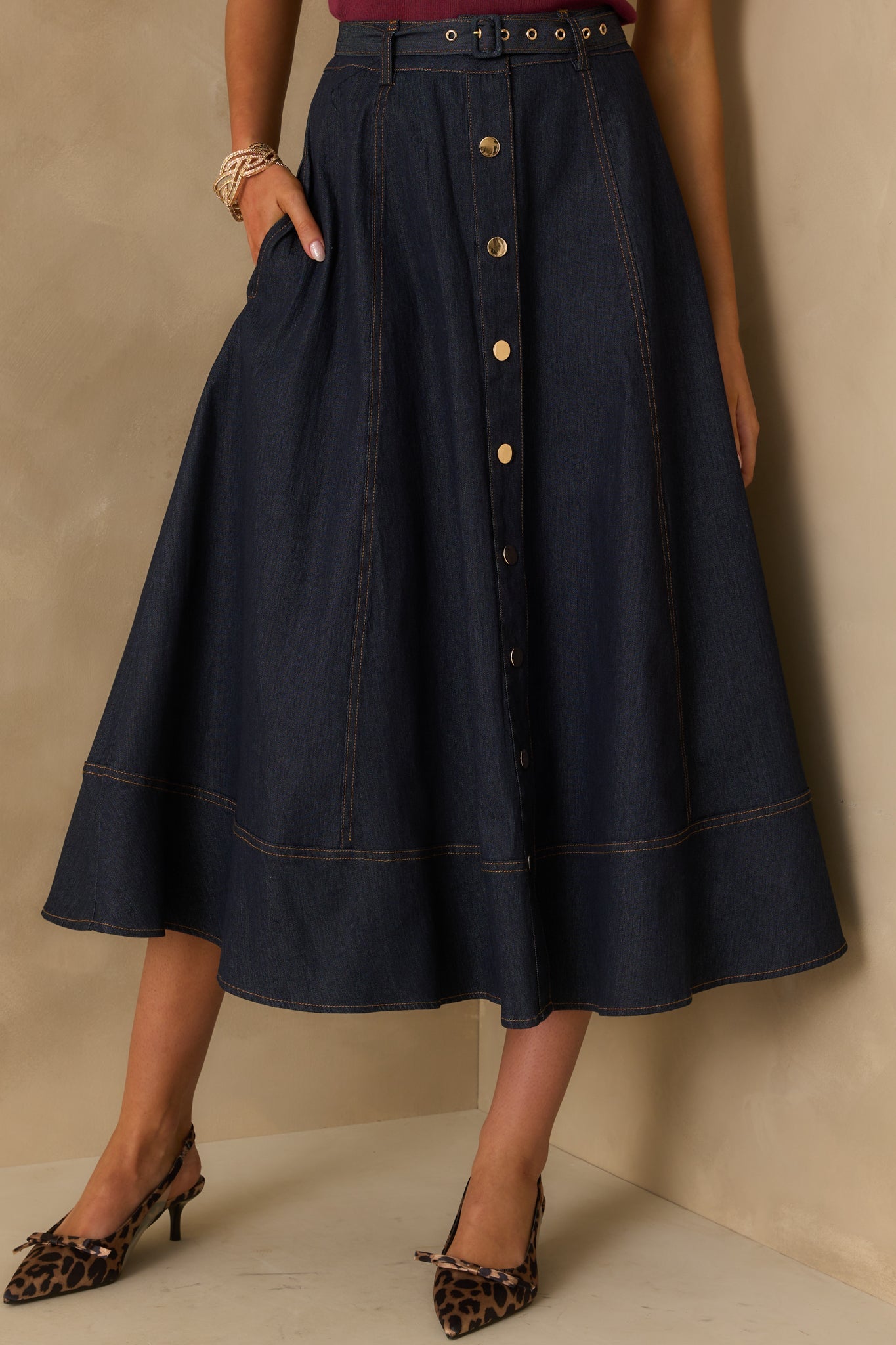On The Books Dark Wash Cotton Denim Button Up Midi Skirt