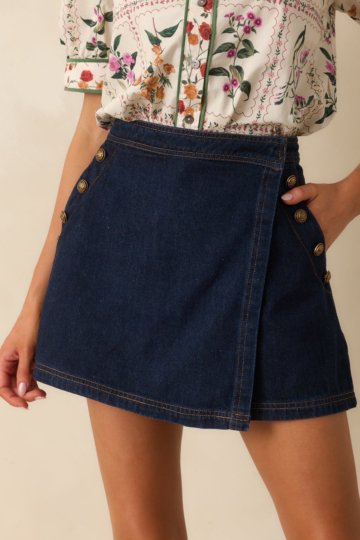 Never Looked Better Dark Wash Cotton Denim Mini Wrap Skort
