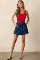 Never Out Of Style Belted Dark Wash Denim Shorts