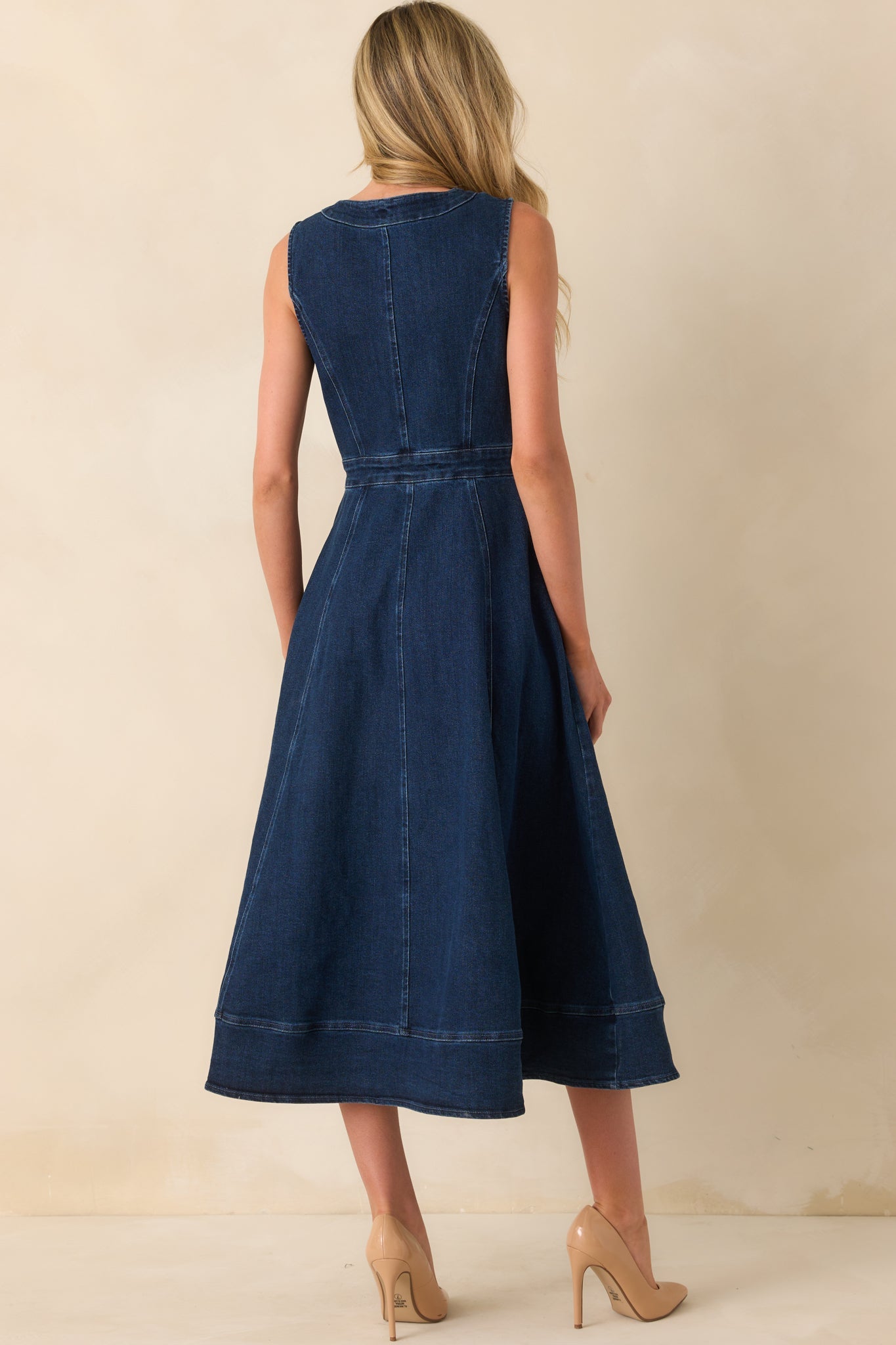 True To Herself Dark Wash Cotton Sleeveless Denim Midi Dress