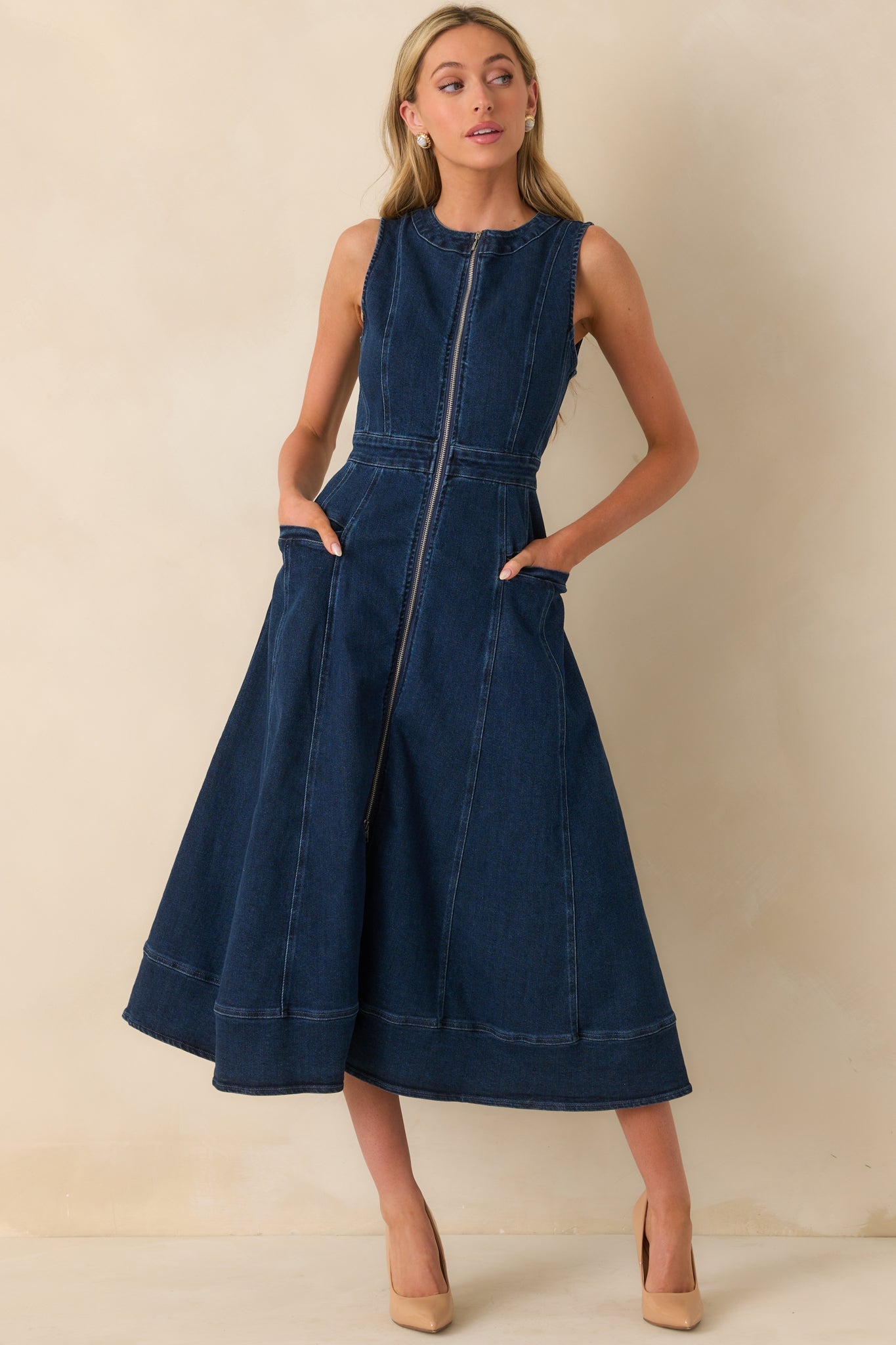 True To Herself Dark Wash Cotton Sleeveless Denim Midi Dress