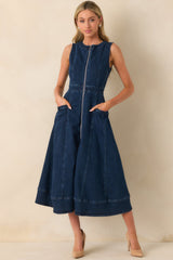 True To Herself Dark Wash Cotton Sleeveless Denim Midi Dress