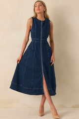 True To Herself Dark Wash Cotton Sleeveless Denim Midi Dress