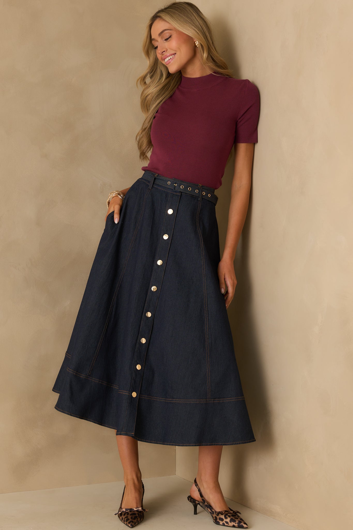 On The Books Dark Wash Cotton Denim Button Up Midi Skirt