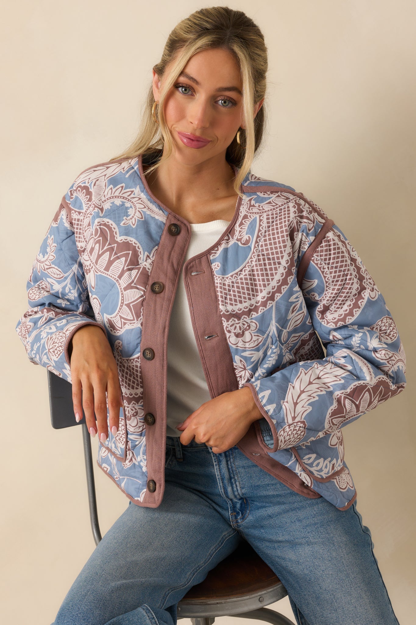 Got It Covered Ash Blue Multi Paisley Floral Print Cotton Jacket
