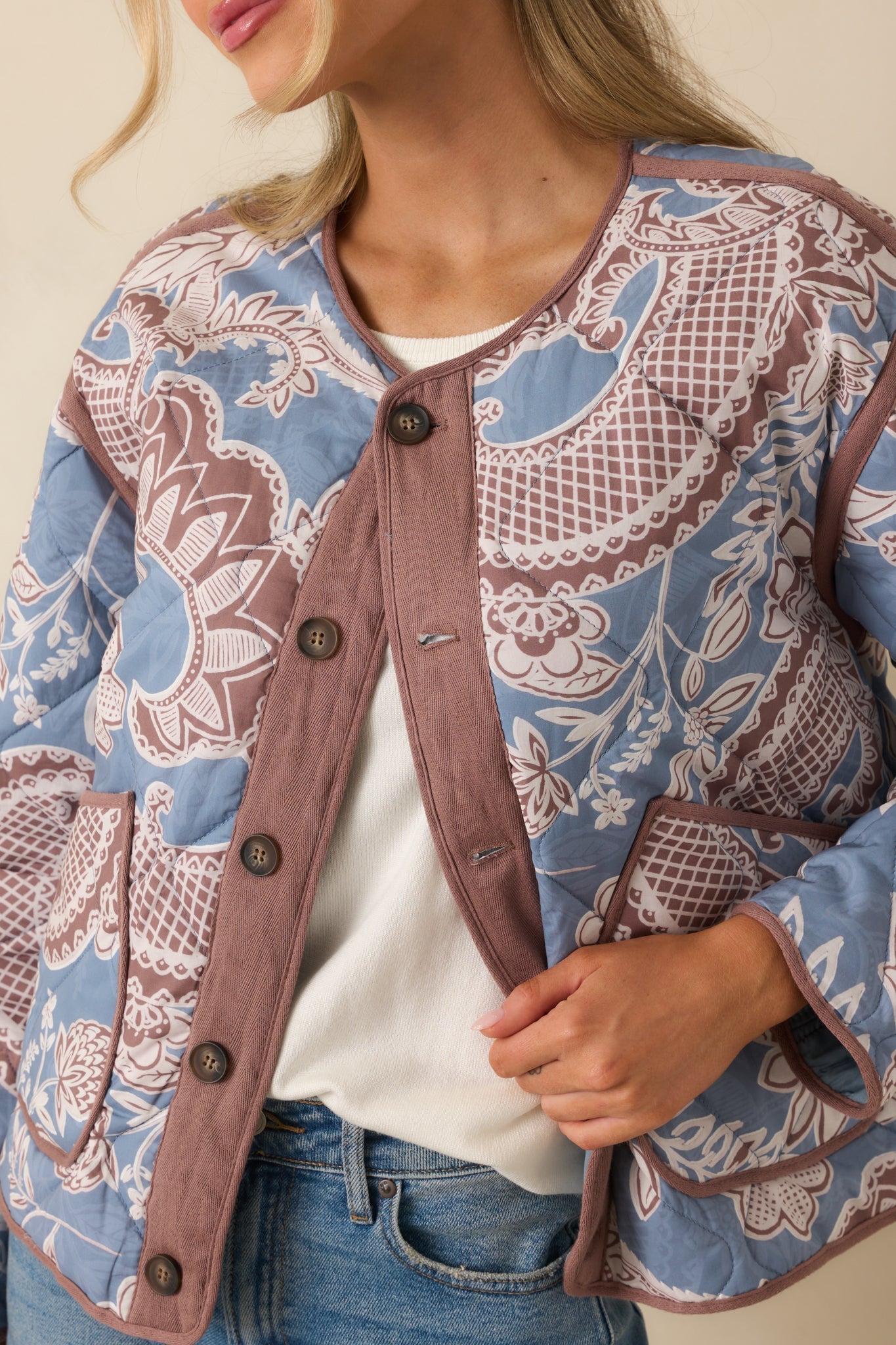 Got It Covered Ash Blue Multi Paisley Floral Print Cotton Jacket