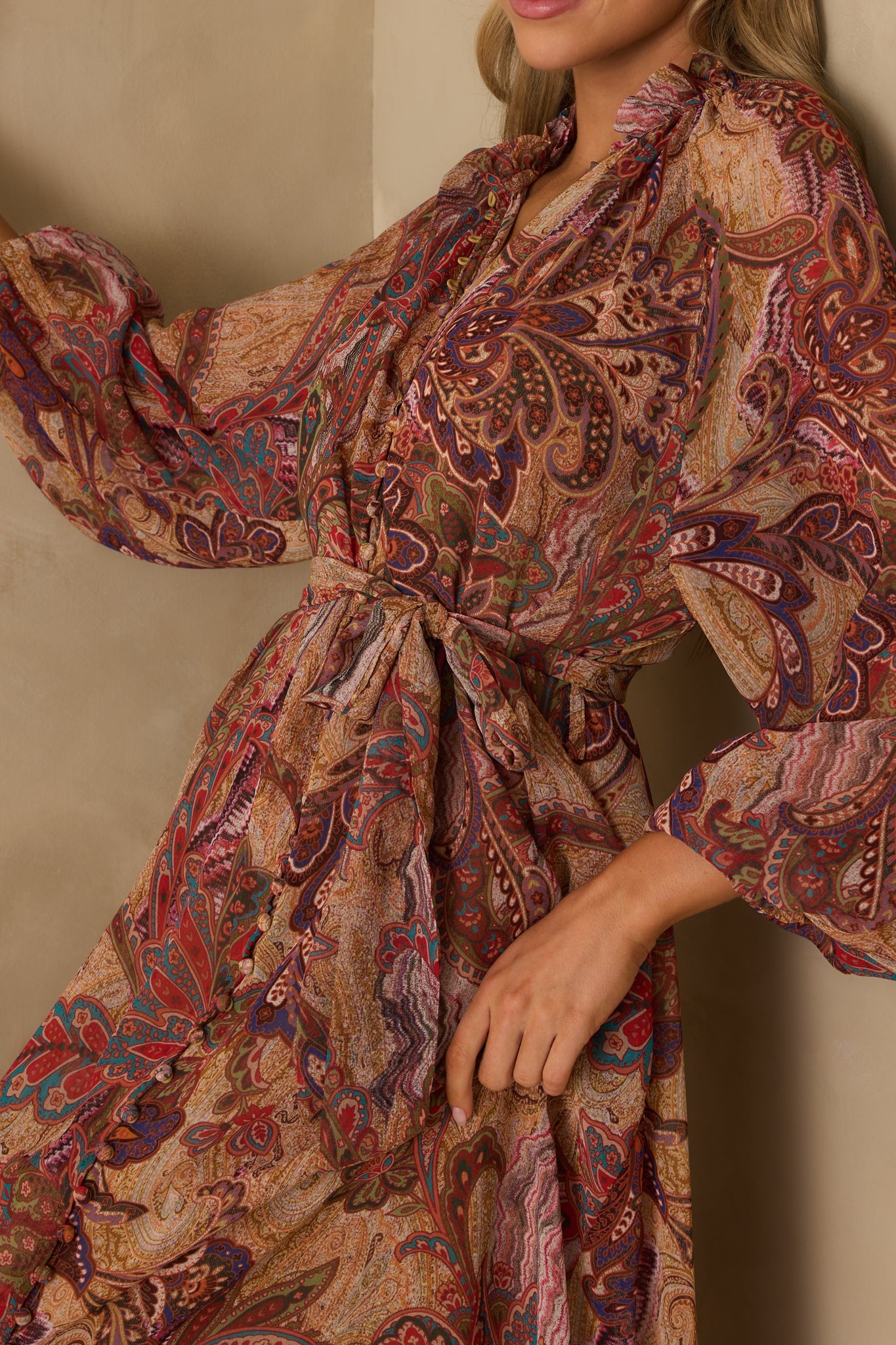 Point Taken Burgundy Multi Paisley Print Chiffon Maxi Dress