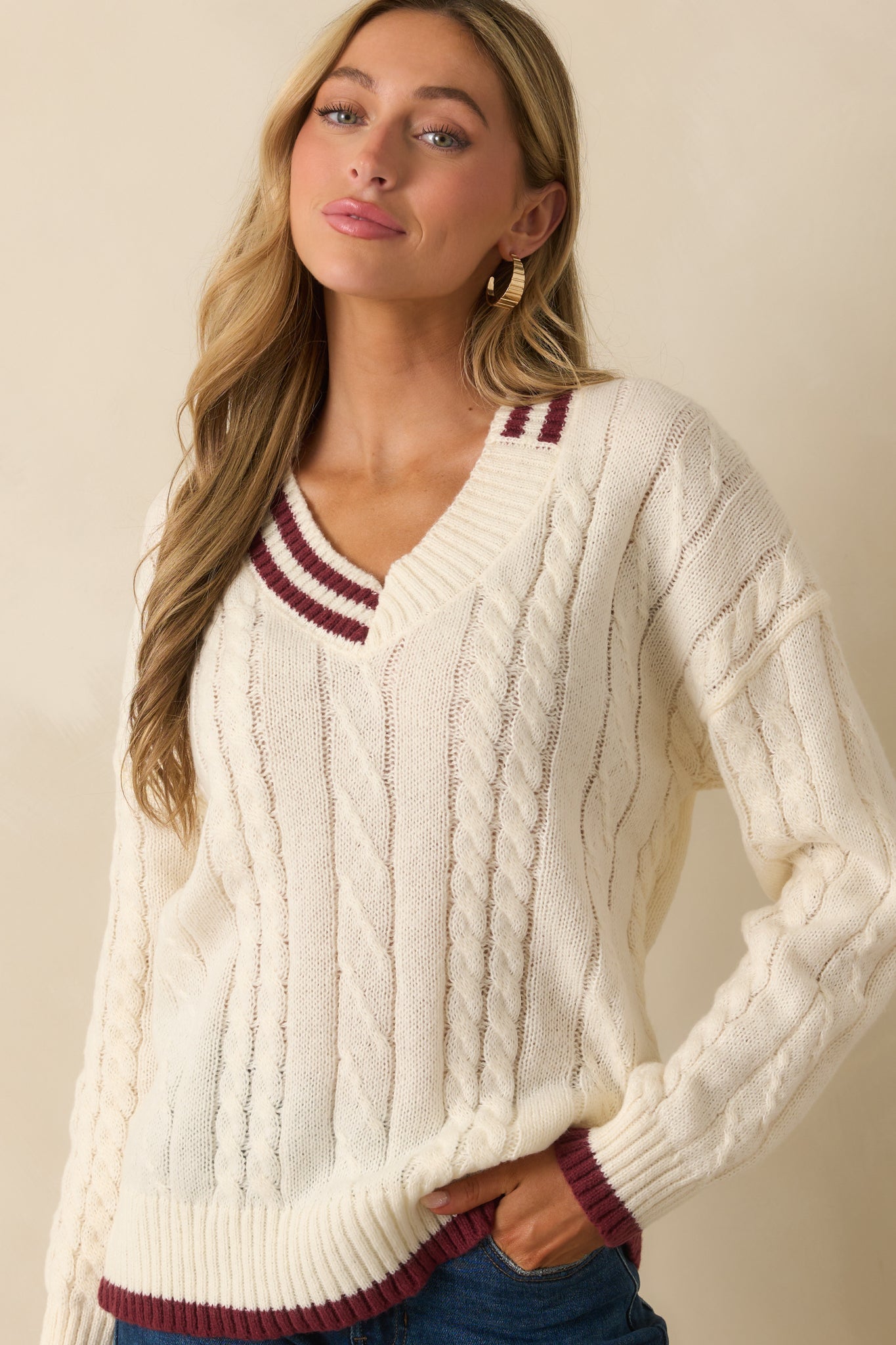 Count On Me Ivory Contrast Trim V-Neck Cable Knit Sweater