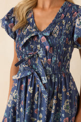 A Subtle Shift Dusty Blue Multi Floral Print Cotton Midi Dress