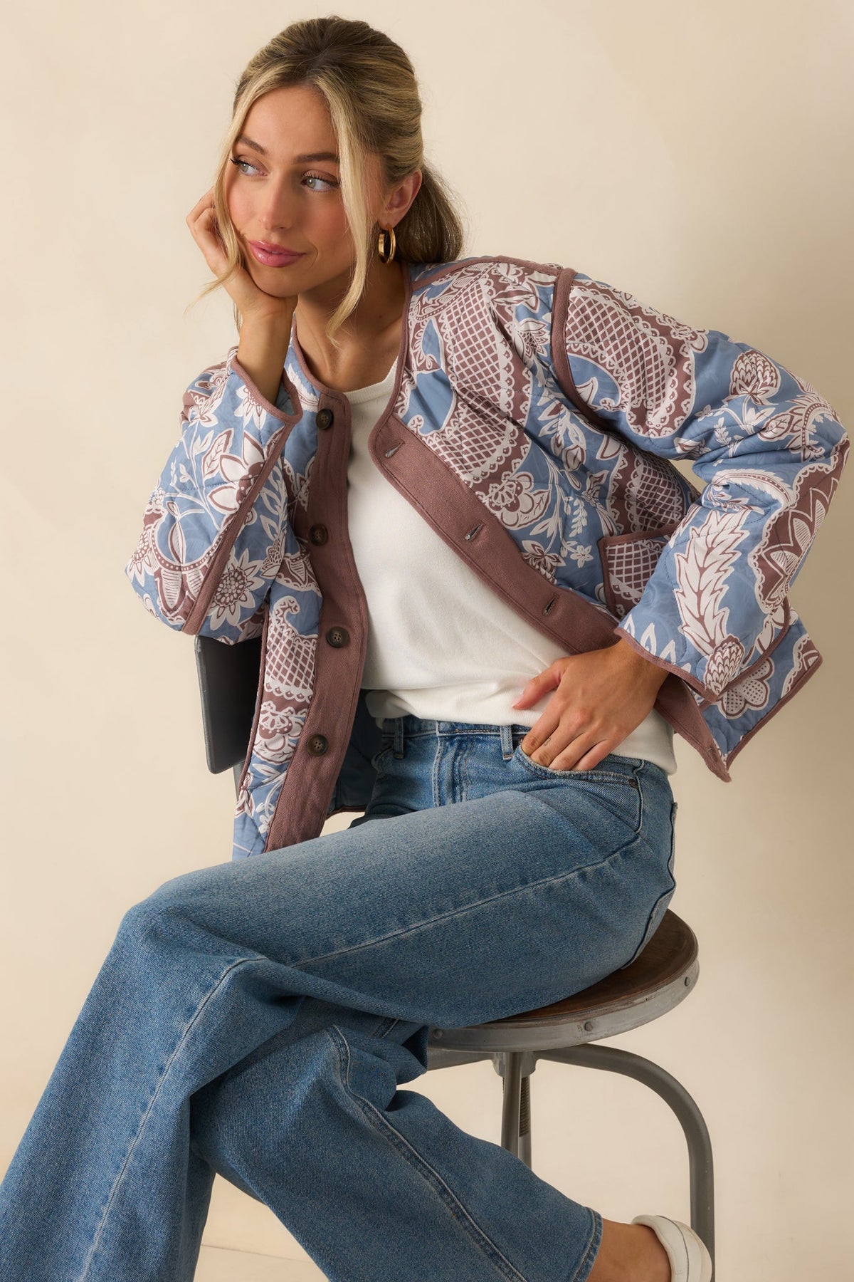 Got It Covered Ash Blue Multi Paisley Floral Print Cotton Jacket