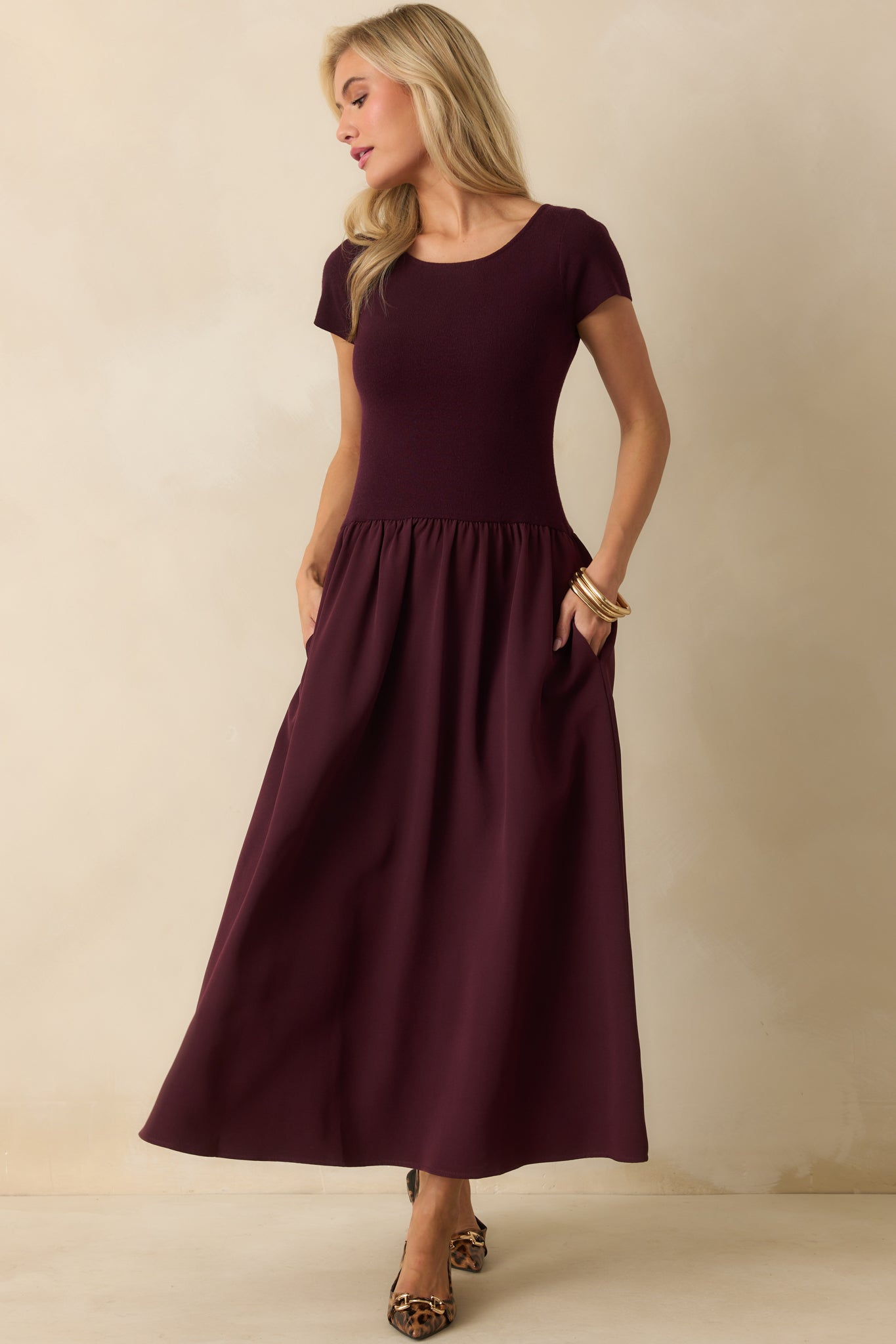 All Is Well Wine Red Ribbed Knit Bodice Short Sleeve Maxi Dress