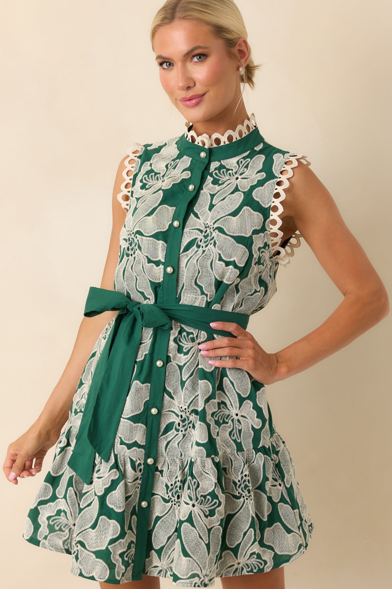Stand Out Emerald Green Floral Embroidered Cotton Mini Dress