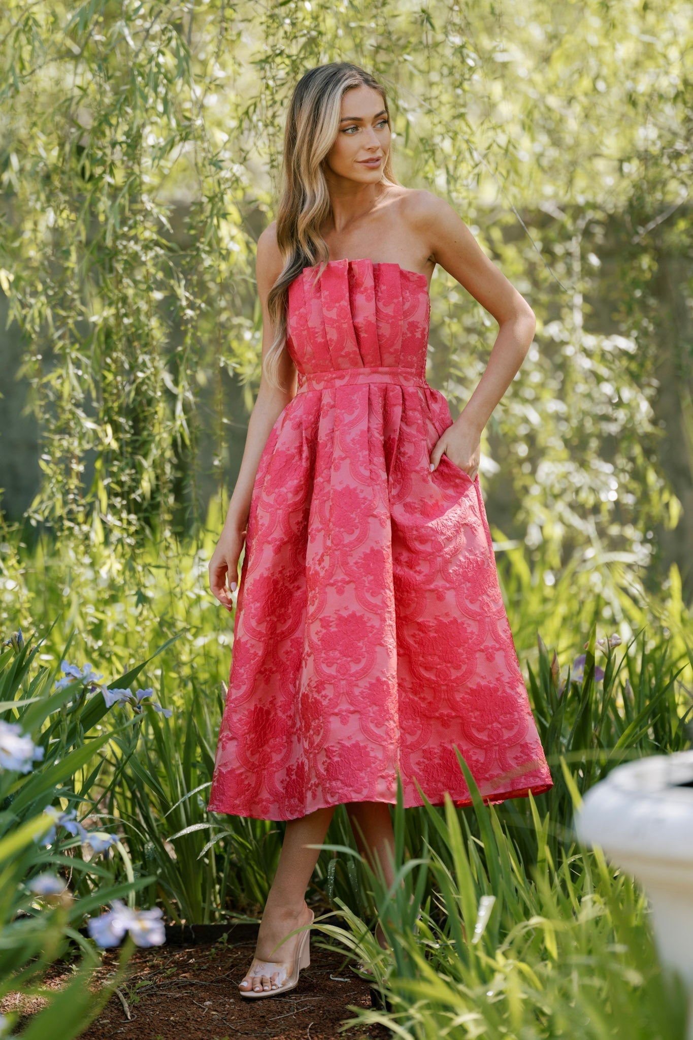 The Genevieve Hot Pink Jacquard Strapless Midi Dress