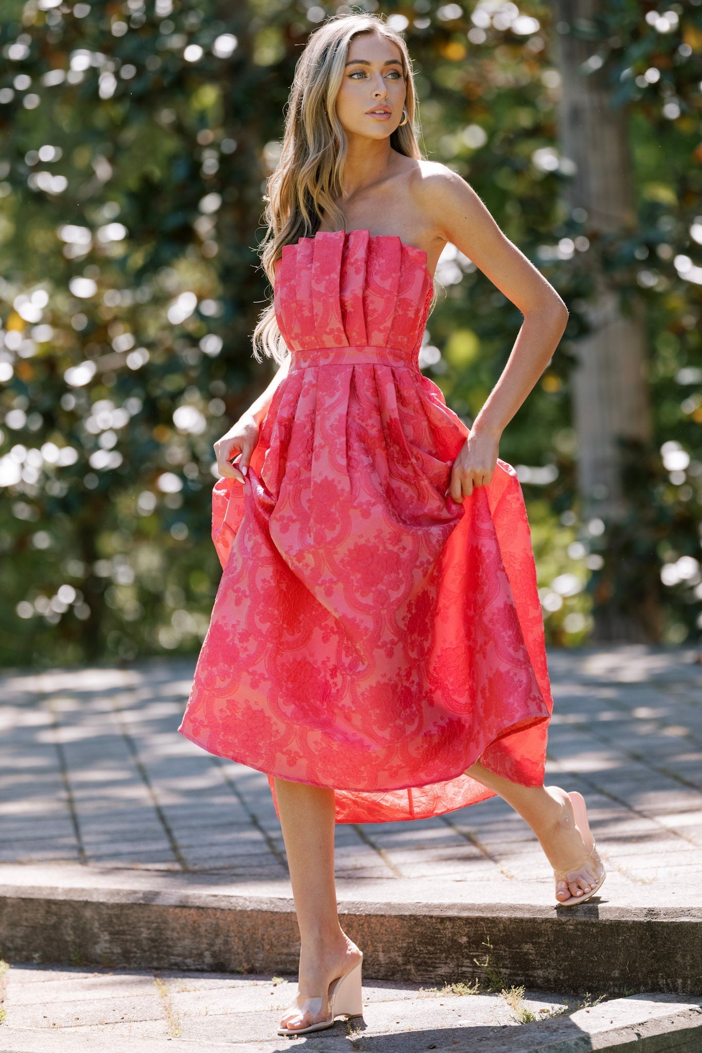 The Genevieve Hot Pink Jacquard Strapless Midi Dress