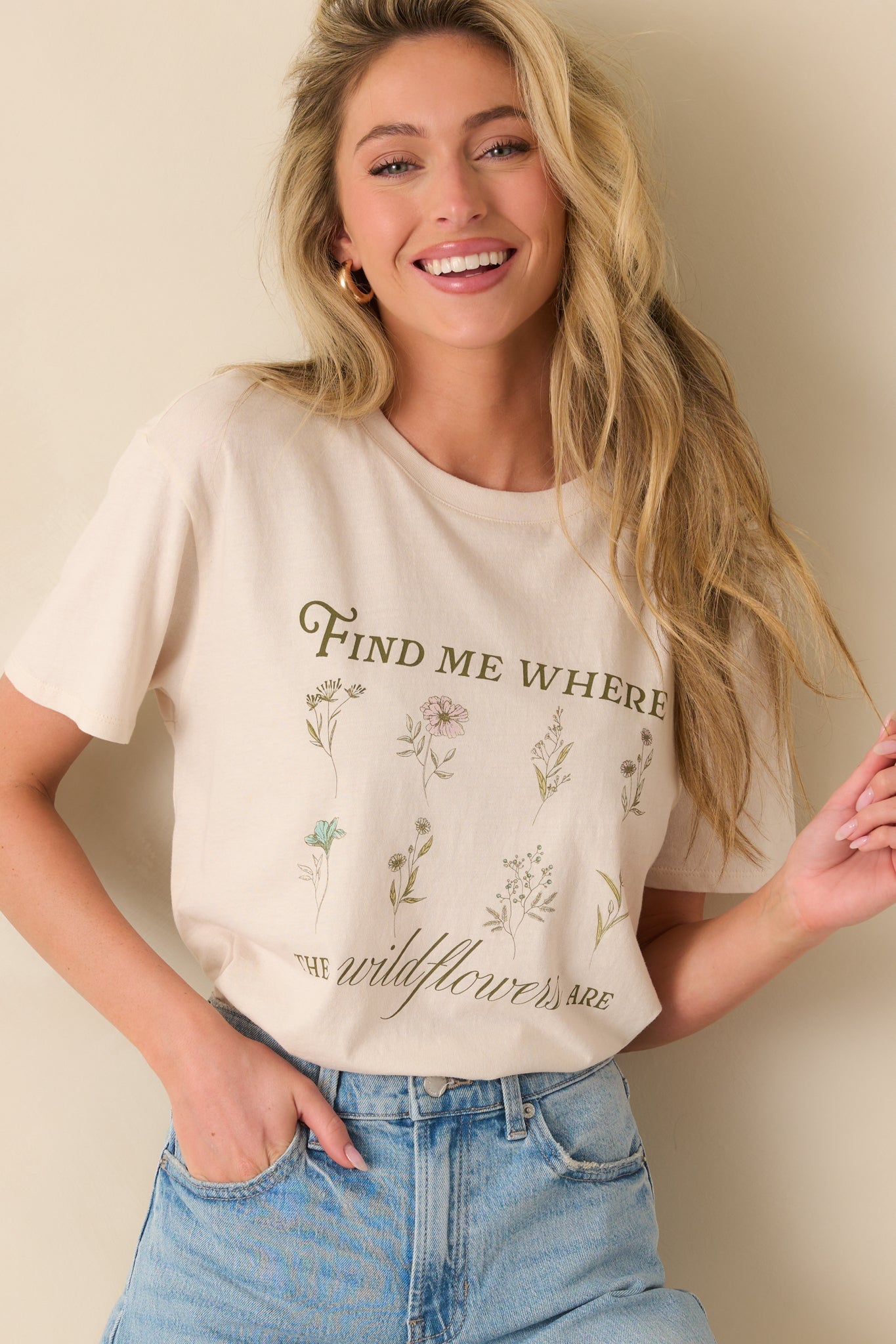 Z Supply Light Beige Cotton Wildflowers Boyfriend Tee