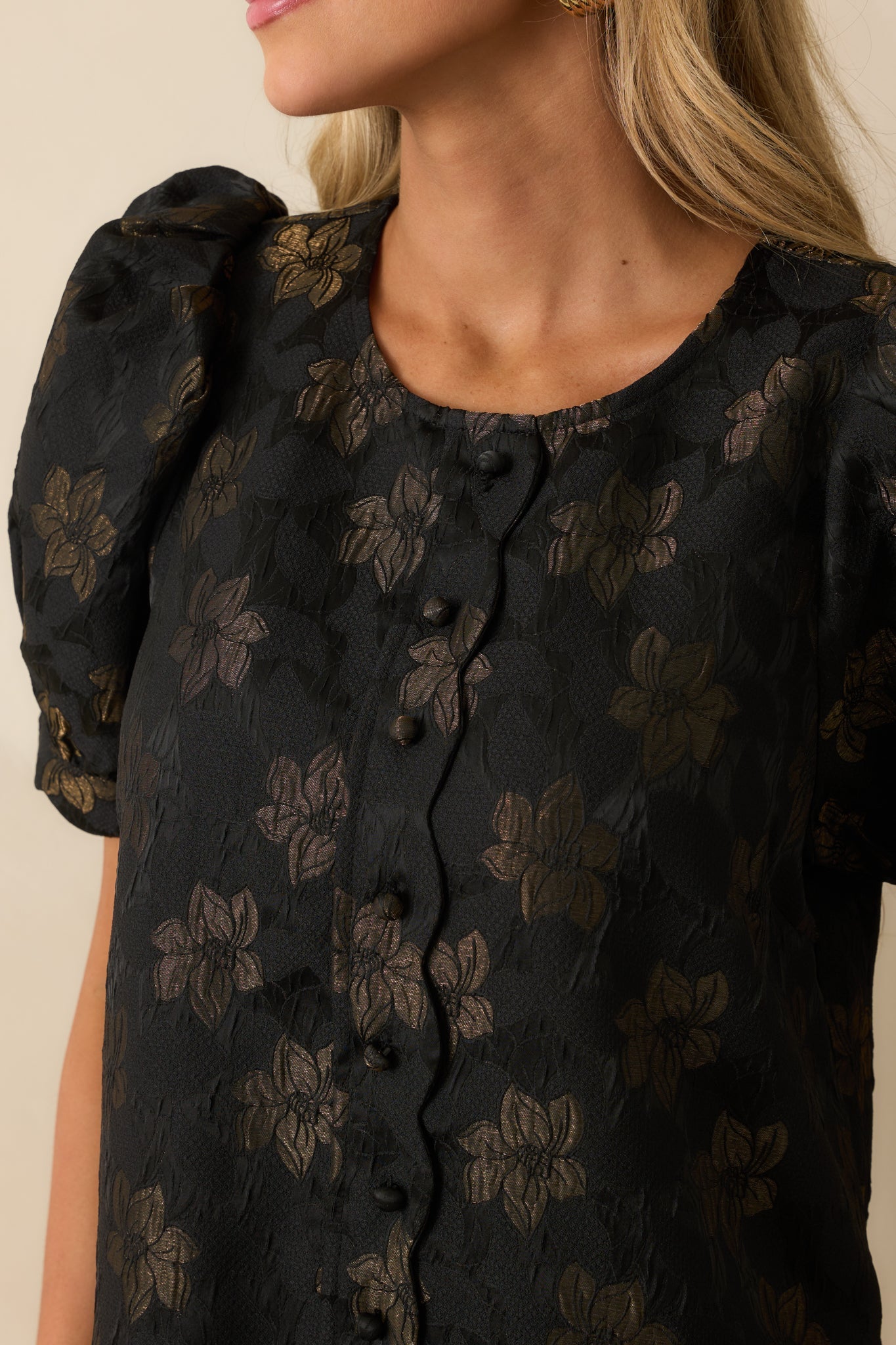 Meant To Shine Black Floral Jacquard Puff Sleeve Mini Dress
