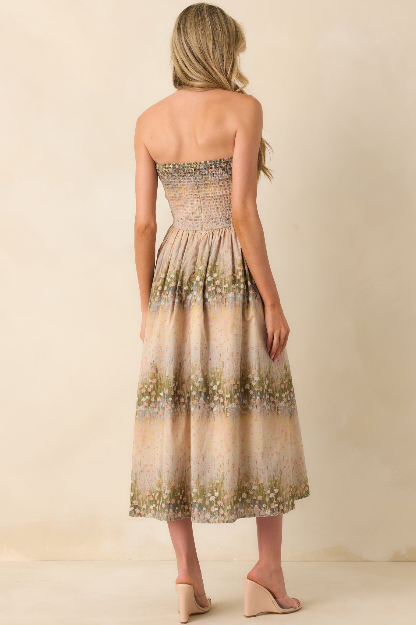The Genevieve Beige Floral Print Cotton Strapless Midi Dress