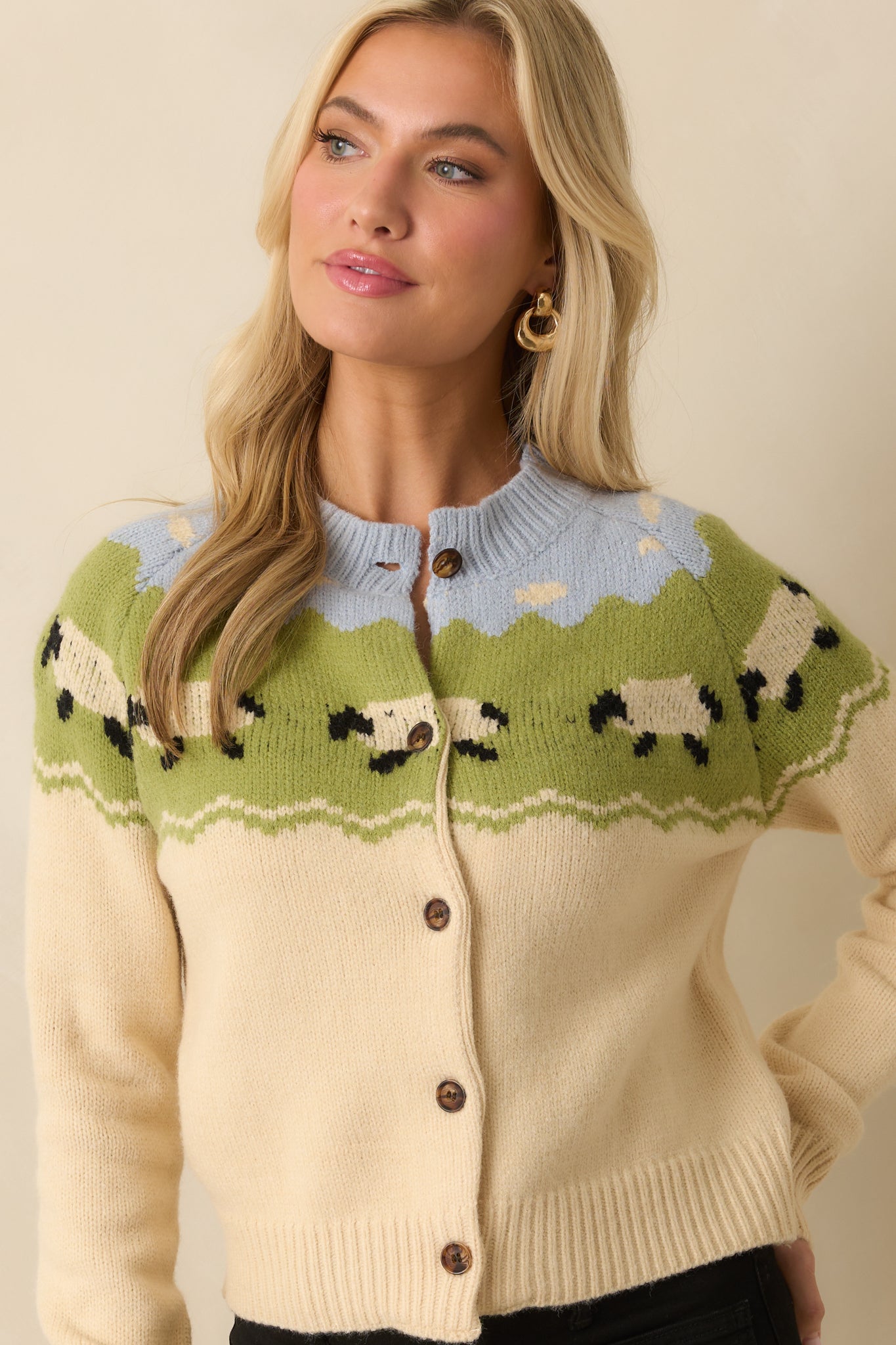 As Time Unwinds Ecru Beige Multi Sheep Print Button Up Cardigan