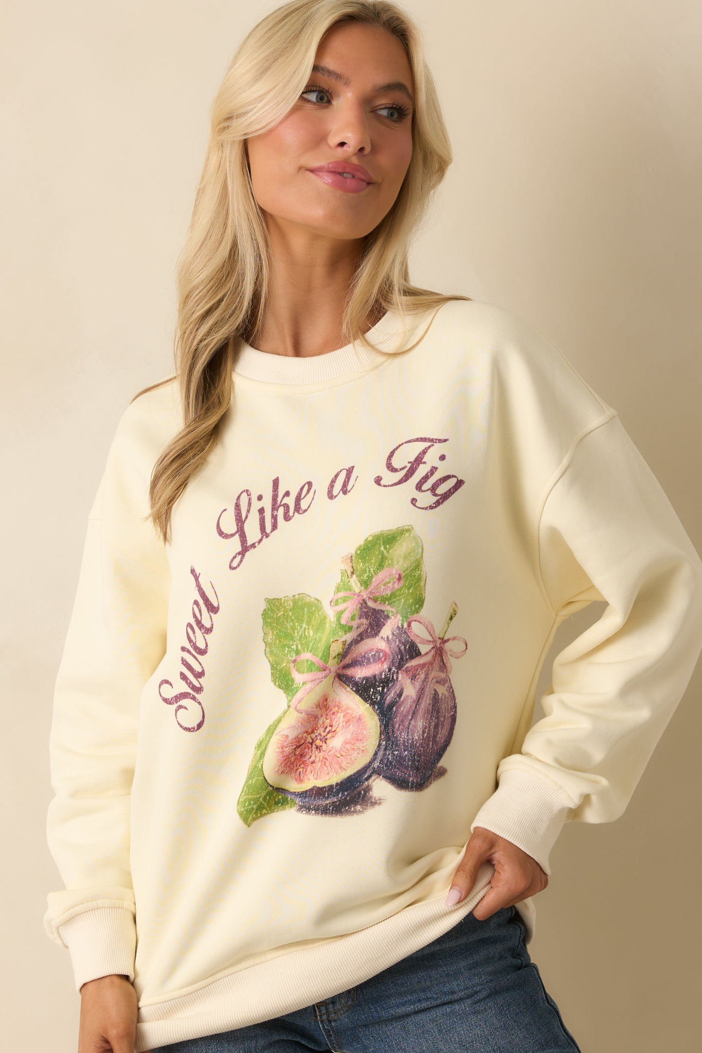 Sweet Like A Fig Ivory Cotton Graphic Crewneck Sweatshirt