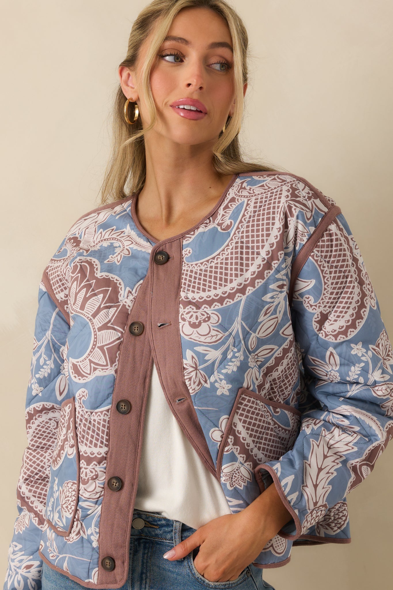 Got It Covered Ash Blue Multi Paisley Floral Print Cotton Jacket