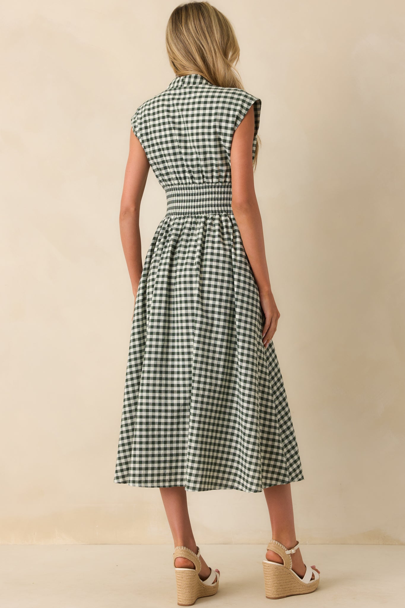 The Evette Forest Green Gingham Cotton Zip Front Midi Dress