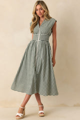 The Evette Forest Green Gingham Cotton Zip Front Midi Dress