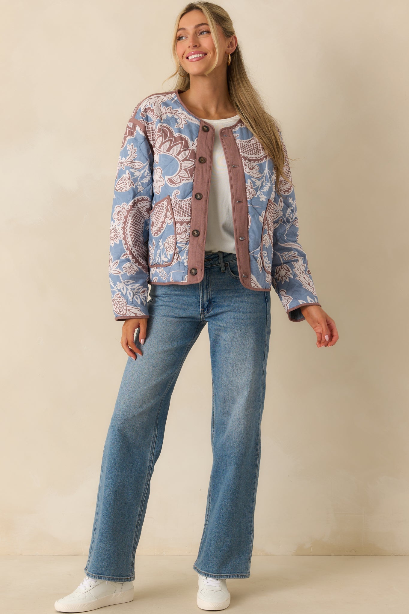 Got It Covered Ash Blue Multi Paisley Floral Print Cotton Jacket