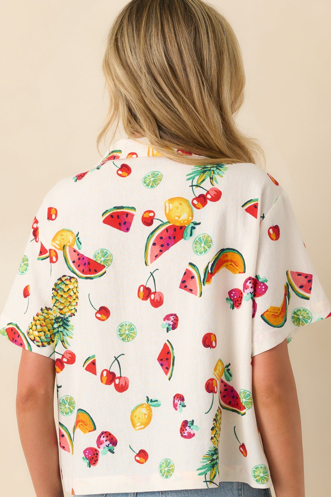 Just Like Before Ivory Multi Fruit Print Button Front Top