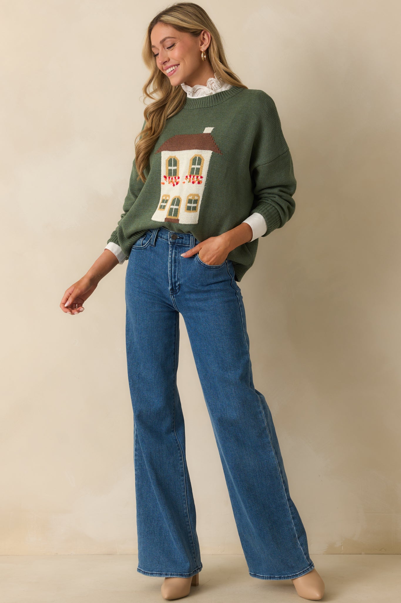 Reminds Me Of Home Green Knit Cotton Crewneck Sweater