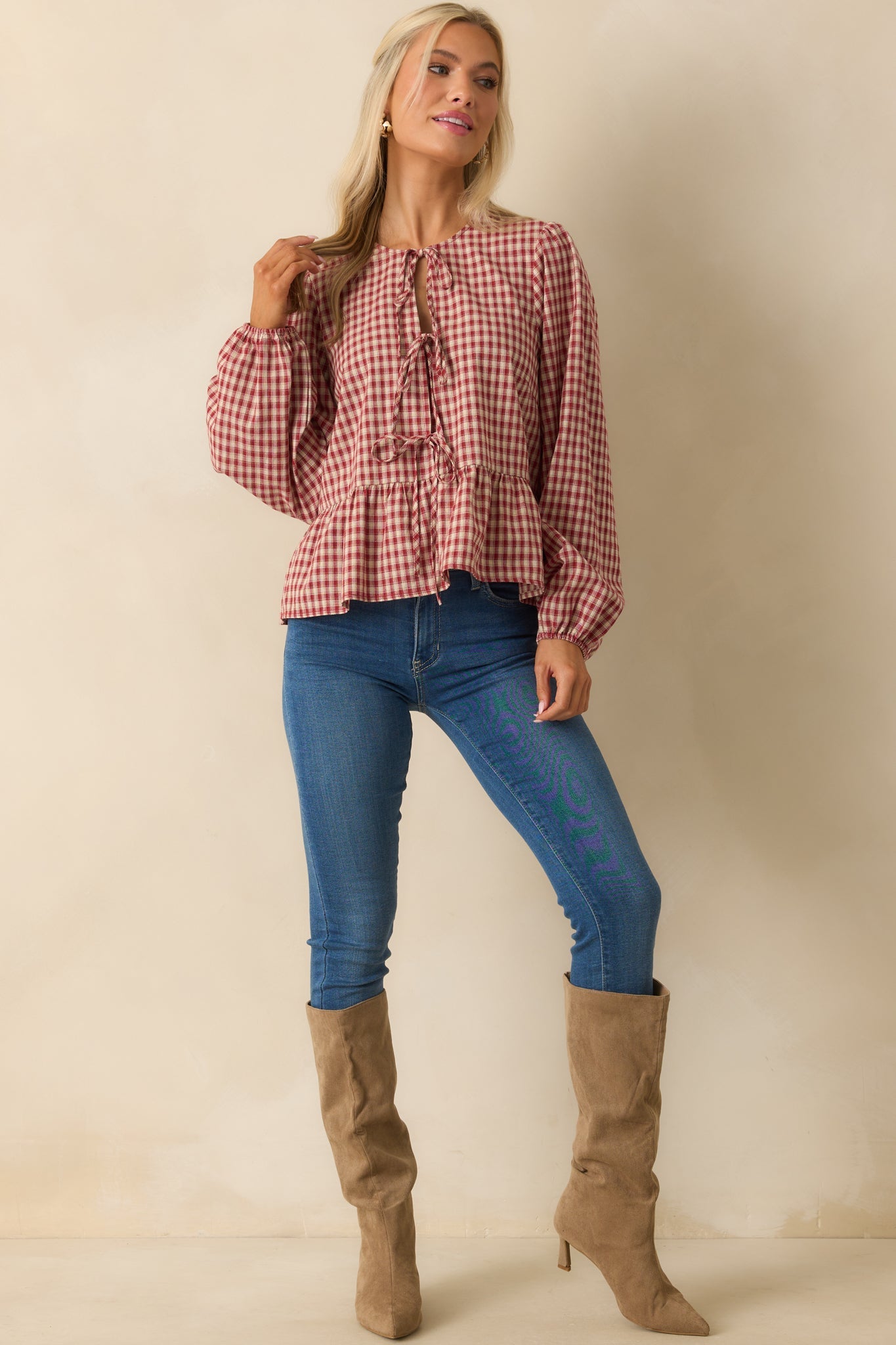 Her Own Thing Red Gingham Long Sleeve Bow Front Peplum Top
