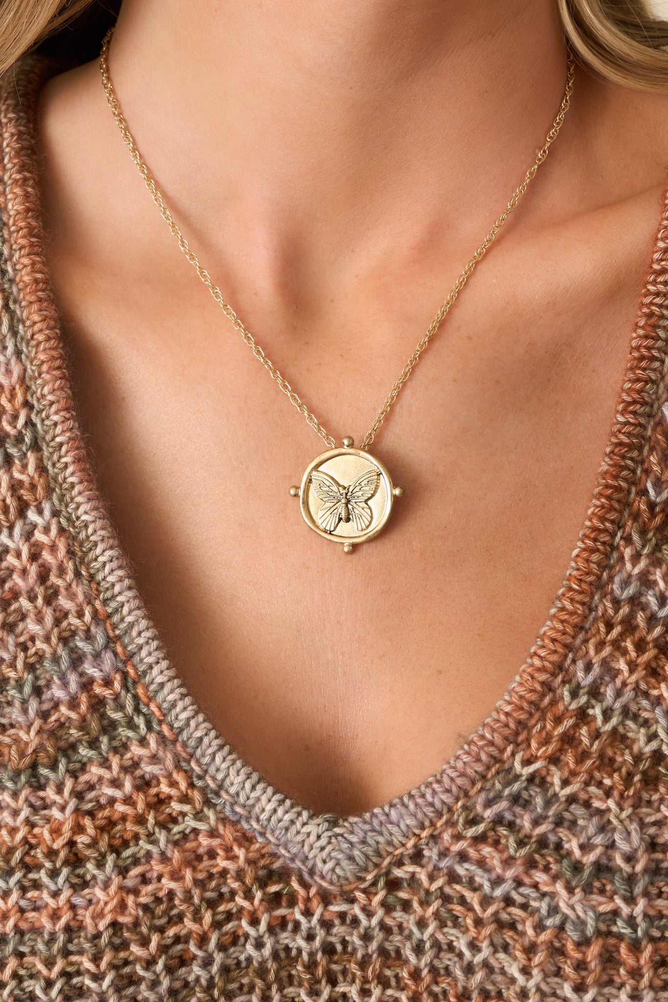 Naturally Charming Gold Butterfly Medallion Necklace