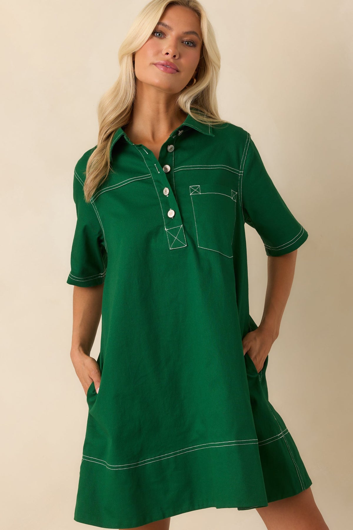Going The Distance Kelly Green Cotton Mini Shirt Dress