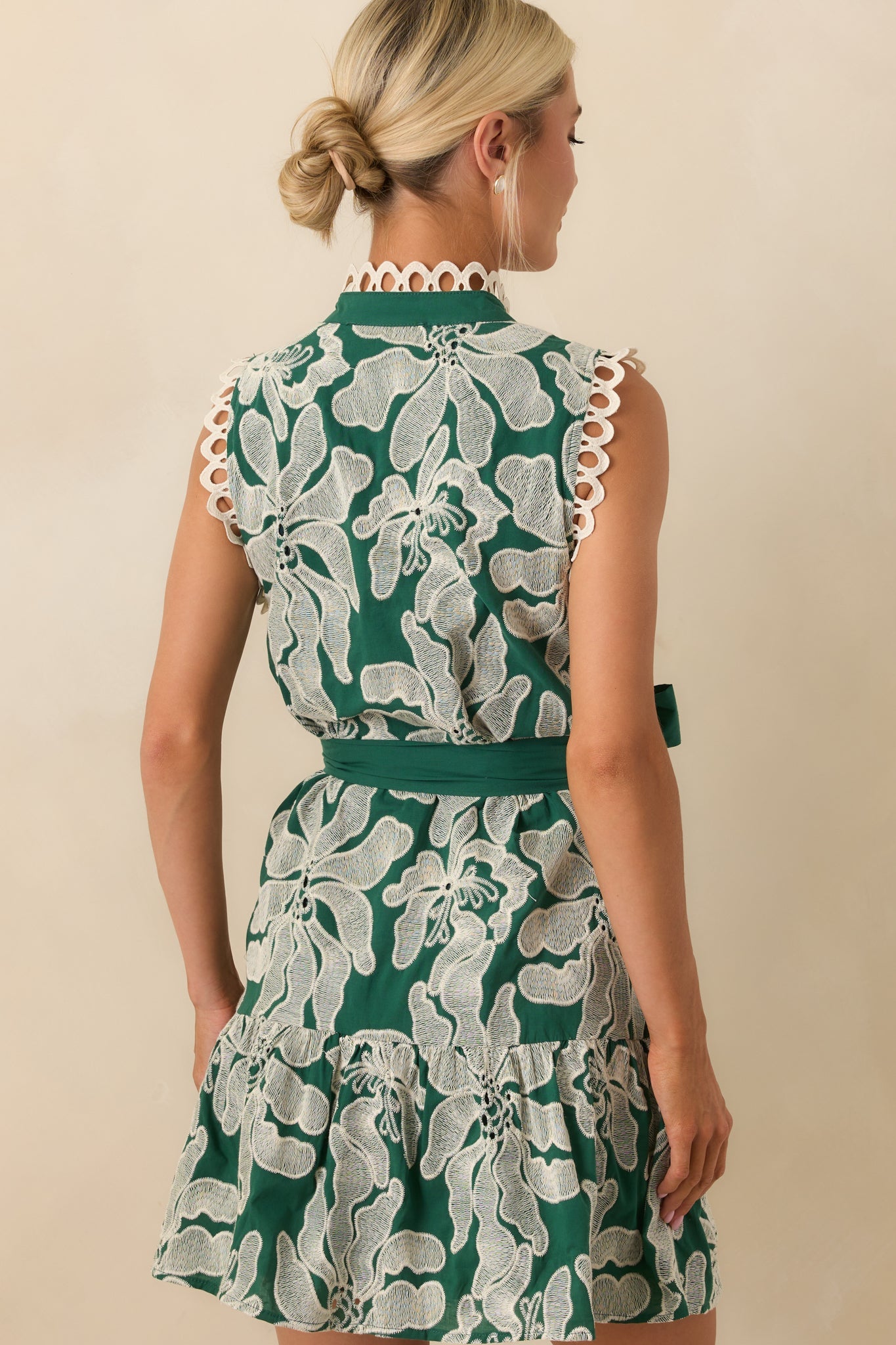 Stand Out Emerald Green Floral Embroidered Cotton Mini Dress