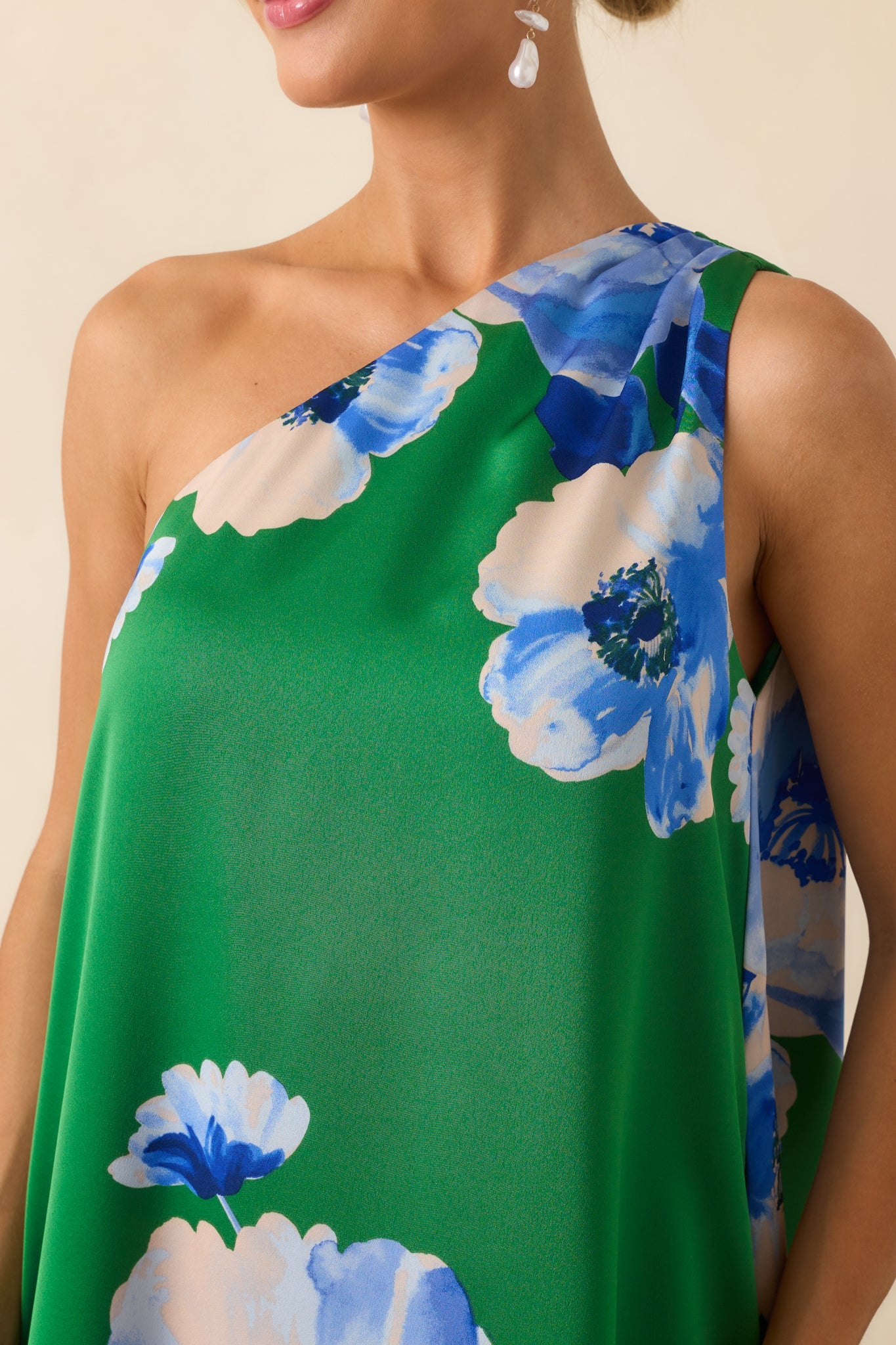 No Introduction Green Multi Floral Print Satin One Shoulder Maxi Dress