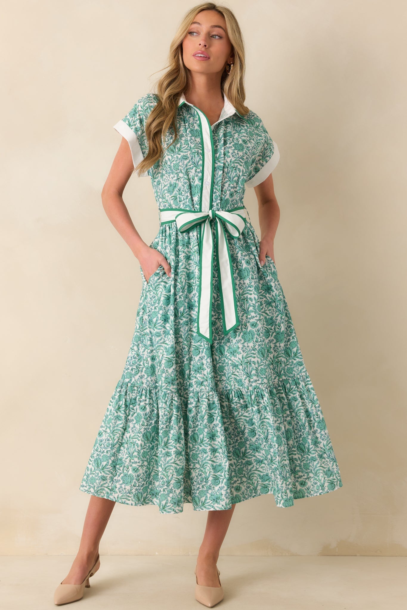 It's Nothing Personal Green Floral Print Cotton Midi Shirt Dress