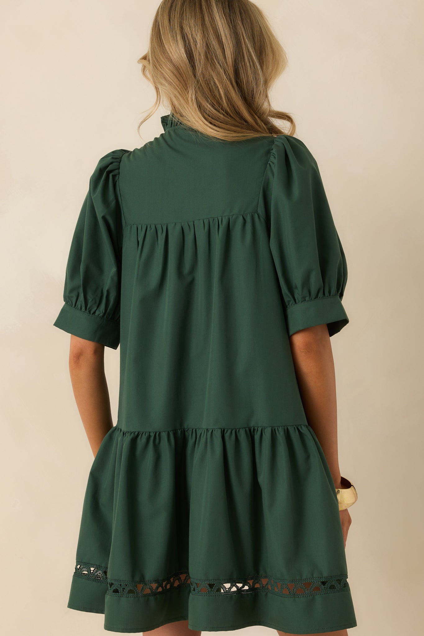 Feels Just Right Hunter Green Puff Sleeve Embroidered Eyelet Mini Dress